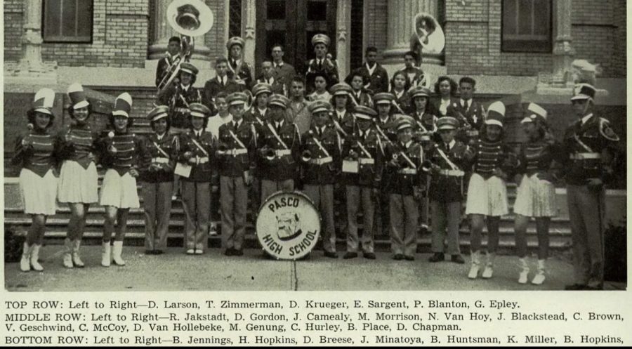 A photo of Pasco High's marching band, 1946. Taken from @vintage_tricities on Instagram.