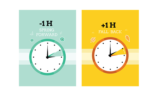 Daylight saving time. Clock. time. Fall back and spring forward. Cute vector cards.