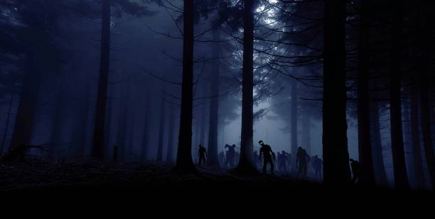 zombie horde in forest, blue toned photo